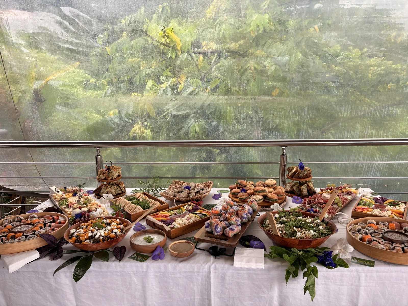 Buffet sur longue table vue jungle tropicale